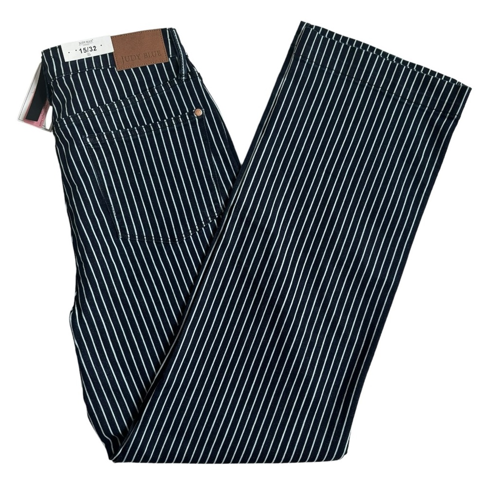 Judy Blue Tummy Control Striped Blue White Straight Leg Jeans Size 15/32 - Picture 17 of 17